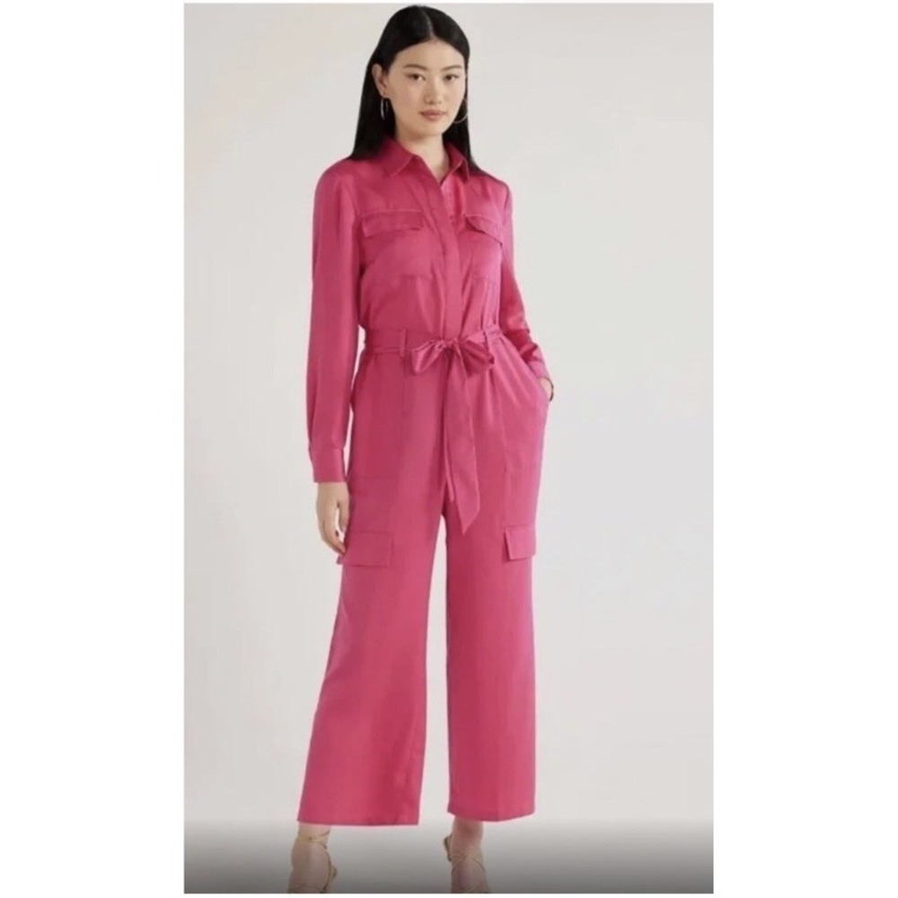 Scoop Wide Leg Satin Jumpsuit with Cargo Pockets Women Pink Size 16-18